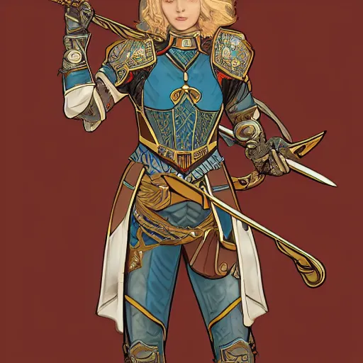 Image similar to young paladin woman, short blonde hair, plate chest armour, symmetrical portrait RPG avatar, by Mucha, intricate, 8k,