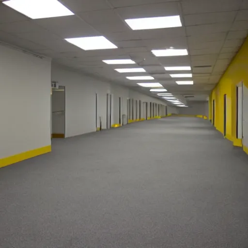 Image similar to Backrooms, where it's nothing but the stink of old moist carpet, the madness of mono-yellow, the endless background noise of fluorescent lights at maximum hum-buzz, and approximately six hundred million square miles of randomly segmented empty rooms to be trapped in