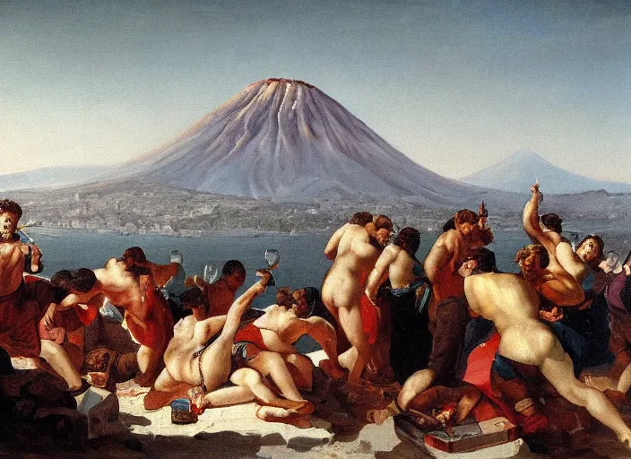 Image similar to detailed painting of average greeks drink wine and have fun against the backdrop of mount vesuvius starting to erupt by brullov, based on the brulliv painting the last day of pompeii