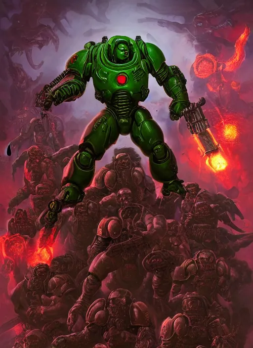 Image similar to ( doom ) cover featuring doom guy!! space marine!! surrounded by demons, by jimmy presler, artstation, vivid gaze