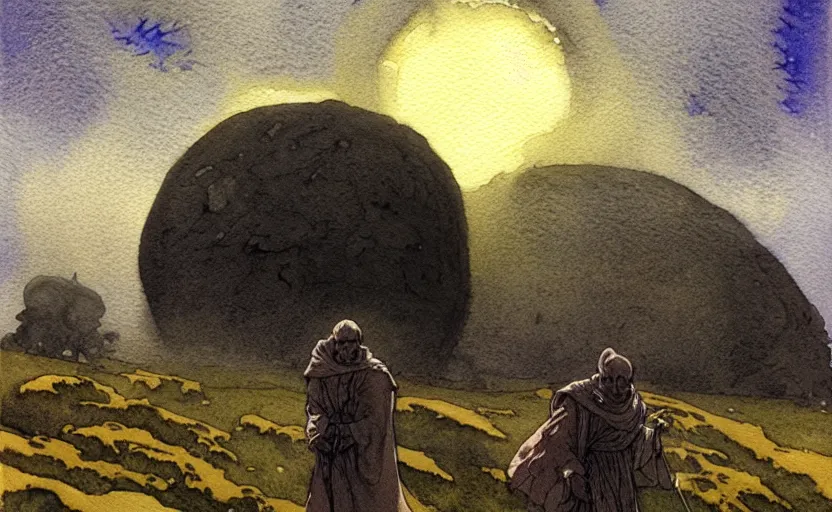Image similar to a hyperrealist watercolour character concept art portrait of a giant asteroid floating in the air. it is a misty night on the moors of ireland. by rebecca guay, michael kaluta, charles vess and jean moebius giraud