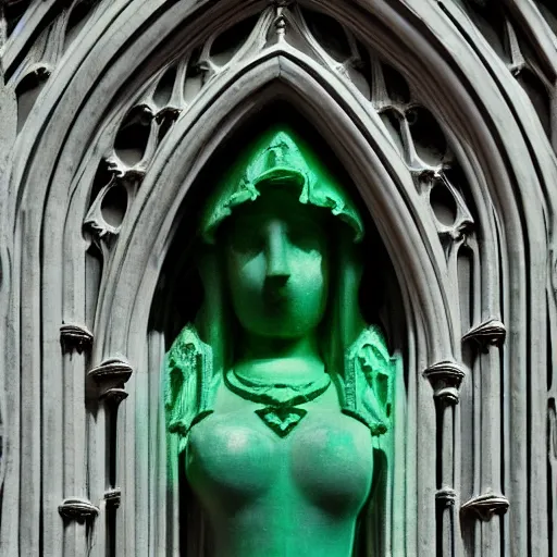Prompt: architectural shot, no decaying lines, alabaster gothic cathedral, gothic emerald female statue, intricate arabesque detailed silk dressed, macro head face