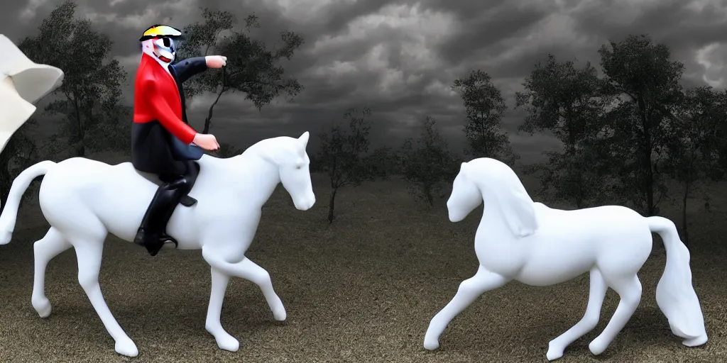 Image similar to Donald Trump riding a white horse, wide lens, diorama, 4k,