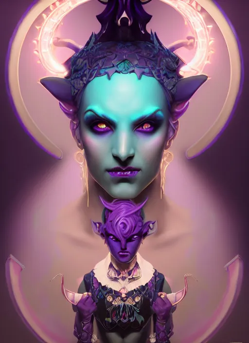 Prompt: symmetry!! portrait of a feminine mischievous trickster male purple and teal skinned tiefling with demon horns and piercings bard, glowing lights!! intricate, elegant, highly detailed, digital painting, artstation, concept art, smooth, sharp focus, illustration, art by artgerm and greg rutkowski and alphonse mucha