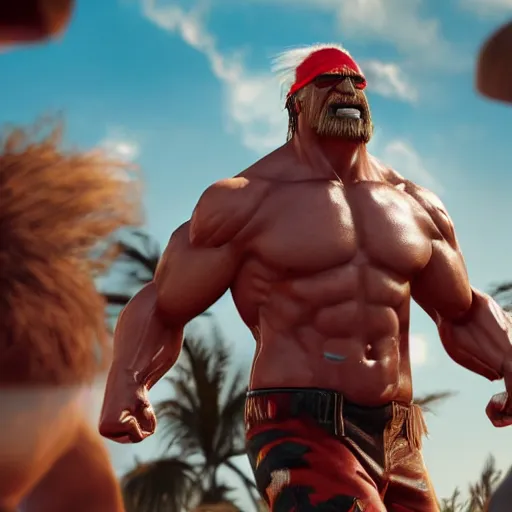 Image similar to movie still of hulk hogan from the new thunder in paradise movie, splash art, detailed face, photorealistic facial features, cinematic lighting, dramatic, octane render, long lens, shallow depth of field, bokeh, anamorphic lens flare, hyper detailed, 3 5 mm film grain