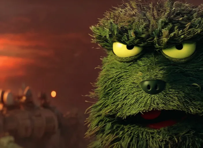 Prompt: close up cinematic artwork of Oscar the grouch staring down the enemy on the battlefield by Greg Rutkowski, 4k, masterpiece