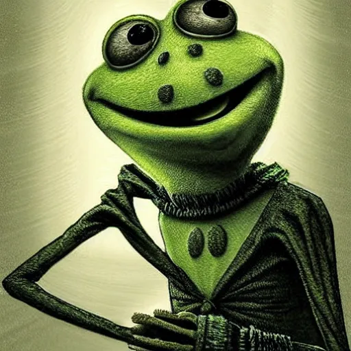 Image similar to michael karcz grunge cartoon drawing of kermit the frog. , in the style of corpse bride, loony toons style, horror themed, detailed, elegant, intricate