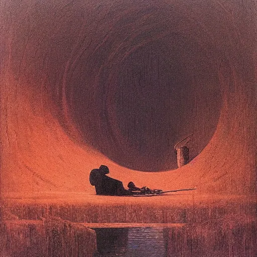 Image similar to a man sits at the edge of a river in the underworld in hades as he waits for the ferryman, charon, greek mythology, beksinski