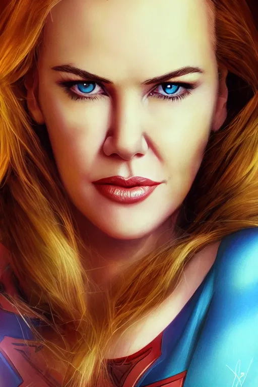 Image similar to portrait of a mix of beautiful young nicole kidman, maria shriver, mariel hemmingway, brooke shields and elle macpherson as supergirl, thin lips, hair tied up in a pony tail, colorful artstation, cgsociety