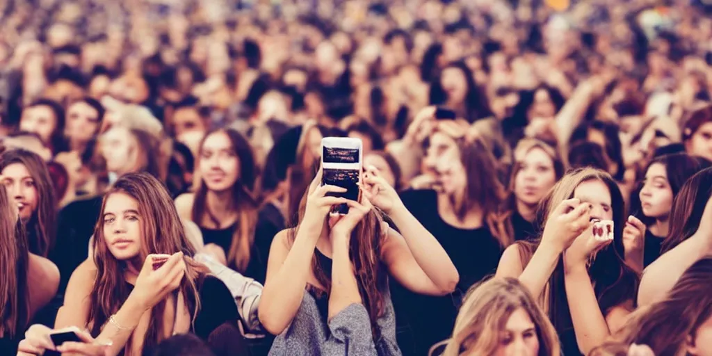 Prompt: a lonely!! girl!! on her phone in the middle of the crowd at a huge concert