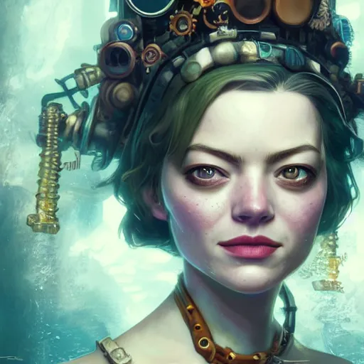 Image similar to underwater steampunk portrait of emma stone, hyper detailed, digital art, trending in artstation, cinematic lighting, studio quality, smooth render, unreal engine 5 rendered, octane rendered, art style by klimt and nixeu and ian sprigger and wlop and krenz cushart.