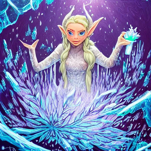 Image similar to dan mumford paint, a fantasy elf woman trapped and frozen trying to get out of a block of clear ice, with frozen flowers around her