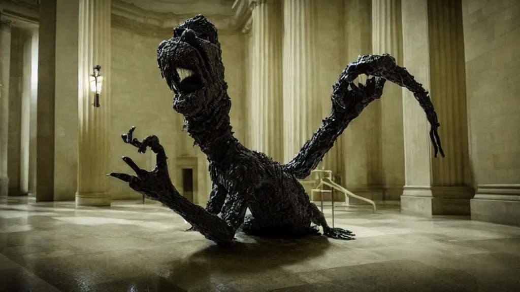 Image similar to the strange creature in city hall, made of wax and water, film still from the movie directed by Denis Villeneuve with art direction by Salvador Dalí, wide lens