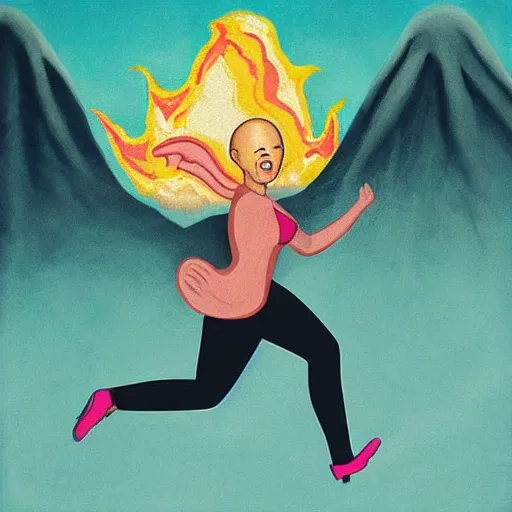 Prompt: “ a bald woman running from an erupting volcano while holding her wig and screaming ”