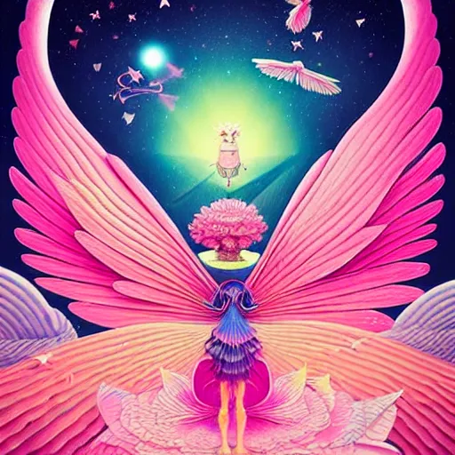 Image similar to abstract miraculous creature, giant wings, pink, flower blossoms, stars, night sky, hyper detailed, kawaii, by jacek yerka, lewandowski, hopper and gilleard, ryden, wolfgang lettl, hints of yayoi kasuma