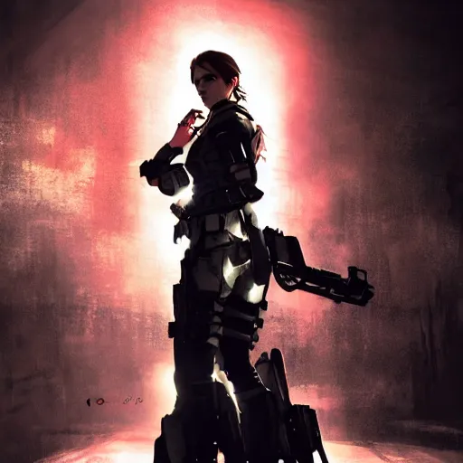 Image similar to emma watson wearing metal gear armor dramatic lighting cinematic cinematic lighting by Richard Schmid by Yoji Shinkawa by artgem