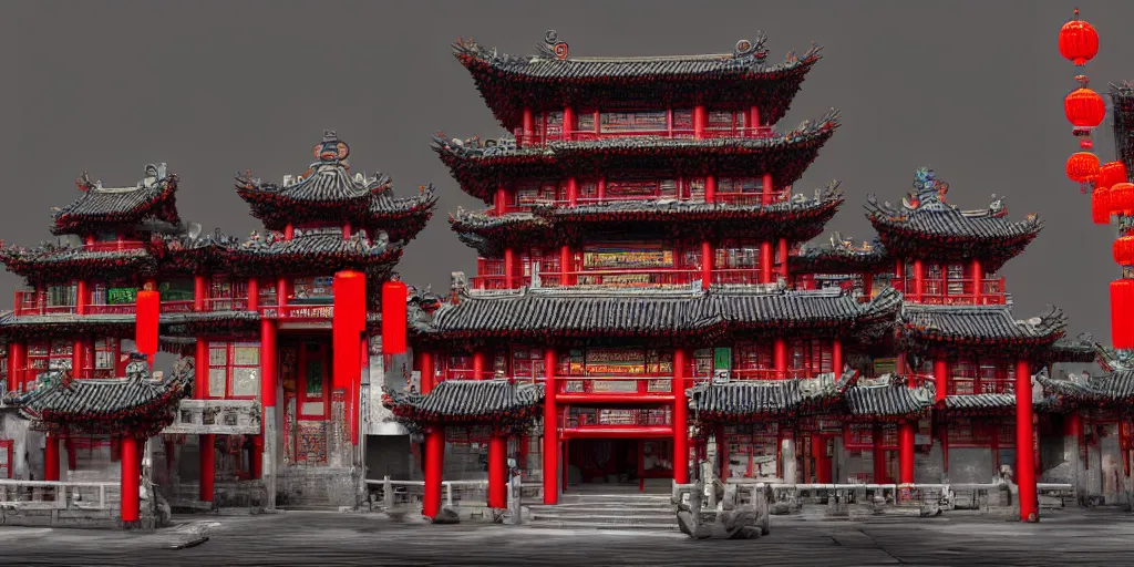 Image similar to a cyberpunk style chinese temple, detailed, atmospheric, 8 k