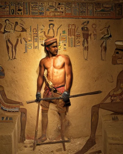 Prompt: detailed painting of an american lumberjack in the tomb of toutankhamon of egypt, deep focus, good lighting, rules of composition, intricate, greg rutkowski, magali villeneuve and monet