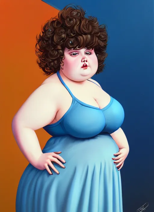 Image similar to full body portrait of teenage betty cooper, obese, bangs, sultry, realistic, sultry smirk, ponytail hairstyle, fluffy bangs, curly bangs, sky blue skirt, fat, belly, intricate, elegant, highly detailed, digital painting, artstation, concept art, smooth, sharp focus, illustration, art by wlop, mars ravelo and greg rutkowski