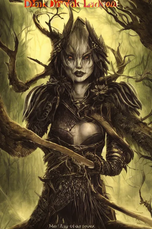 Prompt: dramatic dark forest scenery, girl with fangs in hide leather armor, D&D book-cover without text