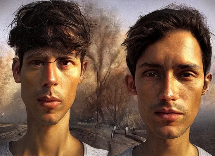 Image similar to last human selfie on earth : : photorealistic