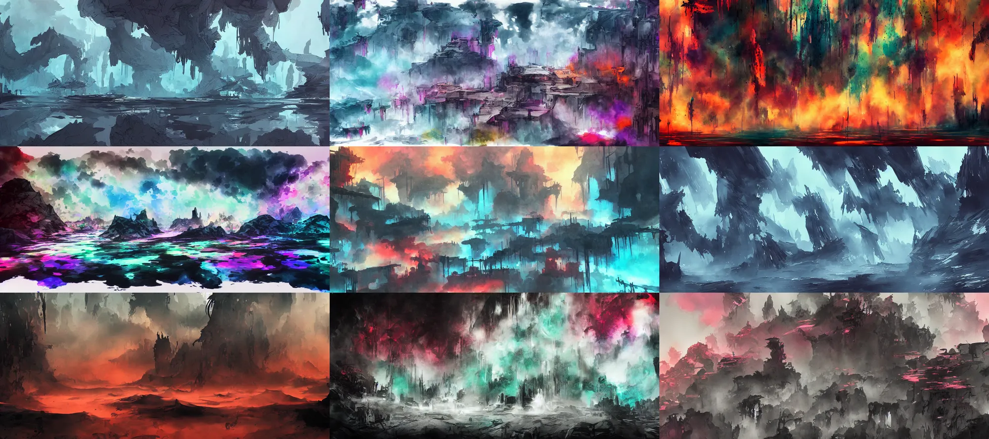 Prompt: Ink drop painting of a epic environment, concept art, abstract, color mix