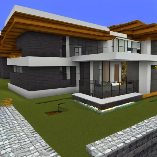 Image similar to a modern house in minecraf, digital art