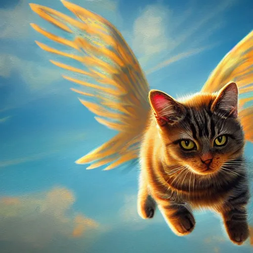 Image similar to a photograph of cute cat with wings flying towards the sunset, highly detailed, symmetric, artstation, precise, photorealistic, impressionism style