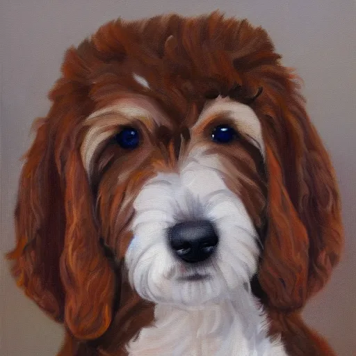Image similar to a handsome portrait of an aussie doodle pup, oil on canvas, high budget