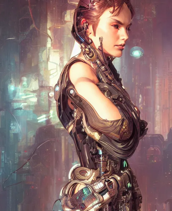 Image similar to portrait of a cyberpunk cyborg, half body, fantasy, intricate, elegant, highly detailed, digital painting, artstation, concept art, art by artgerm and greg rutkowski and alphonse mucha