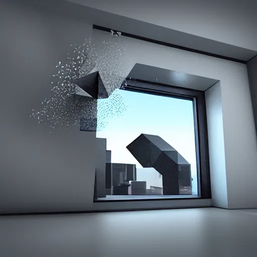 Prompt: abstract 3 d shapes hitting a window, octane render, unreal engine, hyper detailed