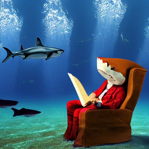 Image similar to a shark sitting in a chair reading a book underwater realistic hdr 8 k 3 5 mm