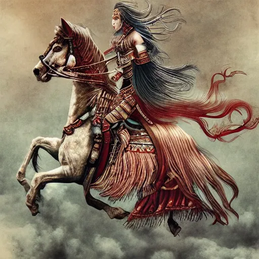 Image similar to Apsaras warrior riding a horse,traditional Chinese textures, hyper detailed, by Brook Shaden