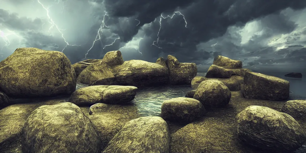 Prompt: Photorealistic epic landscape with magically floating rocks, with ominous storm clouds, strange levitating stones, a gentle rising mist. photorealism, UHD, amazing depth, glowing, golden ratio, 3D octane cycle unreal engine 5, volumetric lighting, cinematic lighting, cgstation artstation concept art