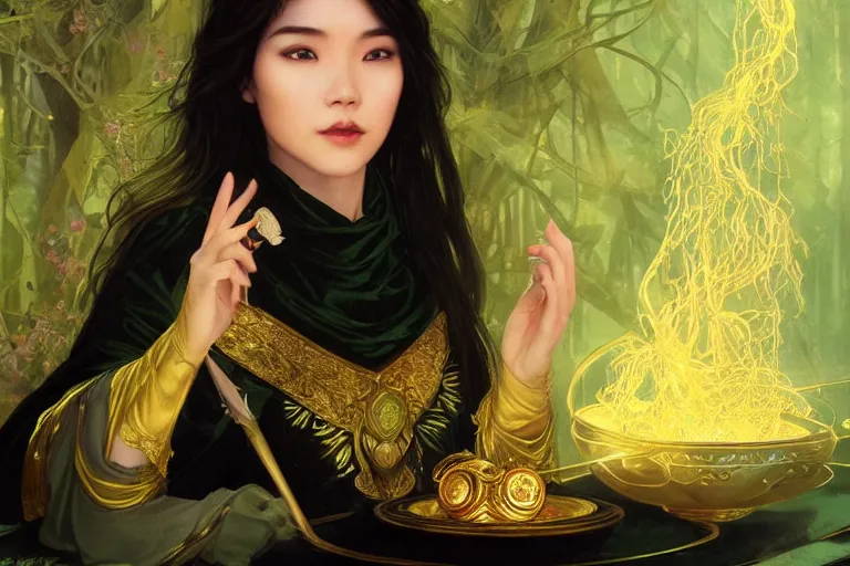 Image similar to a beautiful young asian sorceress wearing a black robe with gold embroidery, sitting at table, casting a spell, green glows, painted by artgerm and tom bagshaw and alphonse mucha, in the style of magic the gathering, highly detailed digital art