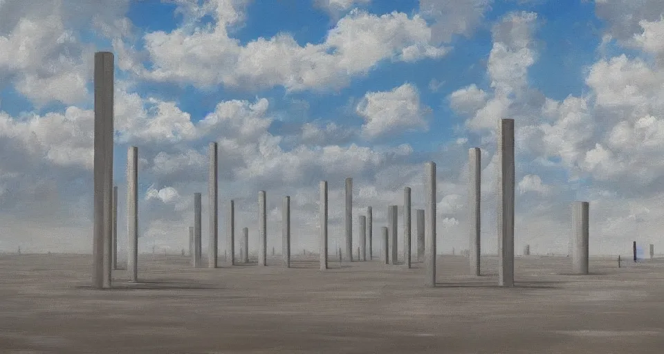 Image similar to world of only concrete, a flat endless plane of concrete covered in thin, very tall concrete pillars talk enough to go above the frame that go on to the horizon, open sky, blue sky with clouds, god rays, beautiful painting, oil on canvas, by Ewa Czarniecka, award winning masterpiece,