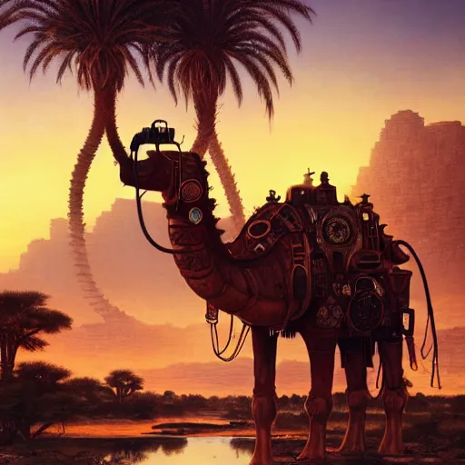 Prompt: an african moor wearing white robes riding a steampunk camel into a lush desert oasis with a reflective pond, by greg rutkowski and android jones in a cyberpunk style, oil on canvas, 8k, synthwave sunset