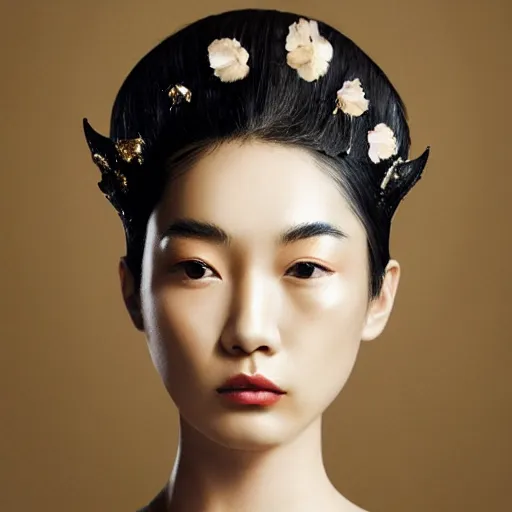 Image similar to a beautiful young female asian model wearing a headpiece made by maiko takeda, photoshot by erwin olaf