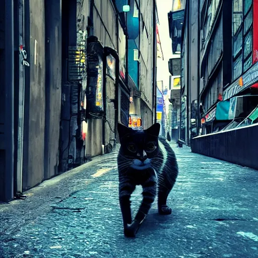 Prompt: cyberpunk cat walking through central stockholm in the year 3 0 0 0