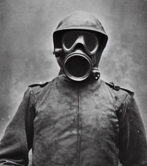Prompt: man in a hazmat suit and gasmask, ww1 film photo, grainy, high detail, high resolution