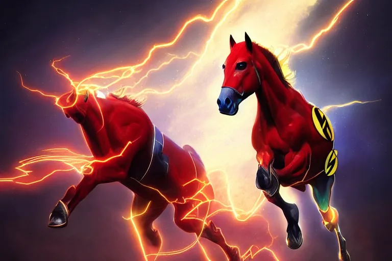 Image similar to a stunning digital painting of a horse as the flash in spandex costume, running in the speedforce by greg rutkowski, volumetric light, digital art, fine detail, photorealistic