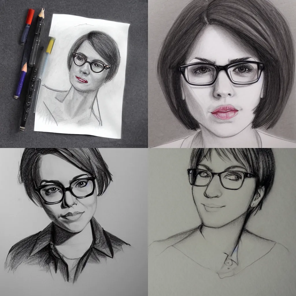 Prompt: smug american woman with glasses, short hair, portrait, pencil sketch