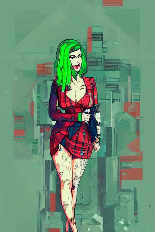 Prompt: cyberpunk woman with green hair wearing a red plaid miniskirt, vector art, by conrad roset, digital art, illustration, comic art, by dan mumford