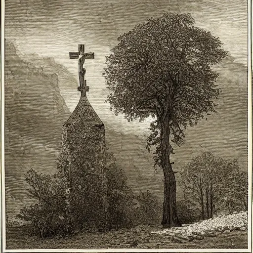 Image similar to roof piercing tree in a chapel, chanting monks, romanticism, by gustave dore, highly detailed