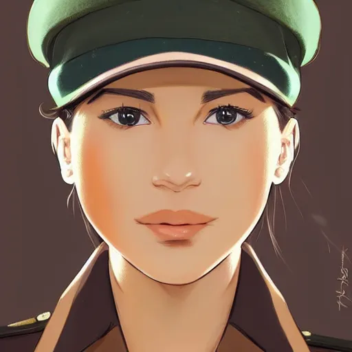 Image similar to portrait of young woman with light brown hair and hazel eyes dressed in a sharp dark teal military uniform with beret, saluting, smiling, ilya kuvshinov, anime, ross tran