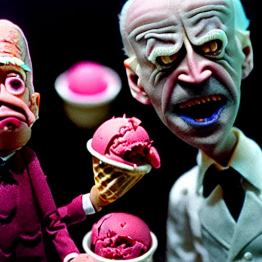 Image similar to claymation joe biden insatiable hunger for ice cream by jan svankmajer, hyperrealistic, very detailed, tim burton, 3 5 mm film still, gothic, horror, eldritch