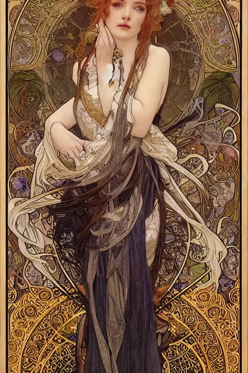 Prompt: realistic detailed face portrait of the The High Priestess of the Tarot by Alphonse Mucha, Ayami Kojima, Amano, Charlie Bowater, Karol Bak, Greg Hildebrandt, Jean Delville, and Mark Brooks, Art Nouveau, Neo-Gothic, gothic, Tarot card, rich deep moody colors