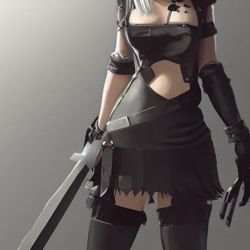 Prompt: female joe biden as 2B from Nier Automata and with slender body type with long hair standing holding a sword, trending in artstation, artstationHD, artstationHQ, 4k