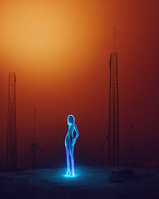 Image similar to a glowing female spirit cries out in agony. drilling rigs bore into the earth in the background. wide shot, detailed, sharp, 8 k, digital art in the style of beeple.