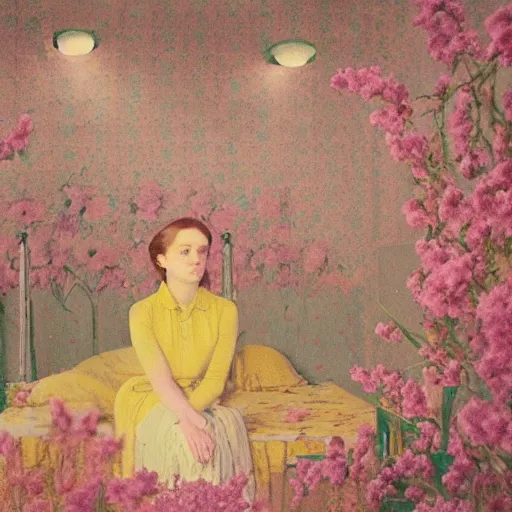 Image similar to a beautiful flowery girl in an soviet golden liminal abandoned room, film still by wes anderson, depicted by balthus, limited color palette, very intricate, art nouveau, highly detailed, lights by hopper, soft pastel colors